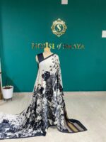 White & Black Floral Print Saree with Striped Pallu - Image 3