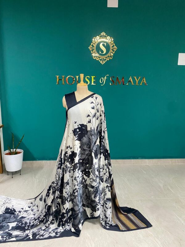 White & Black Floral Print Saree with Striped Pallu - Image 3