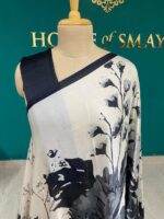 White & Black Floral Print Saree with Striped Pallu - Image 2