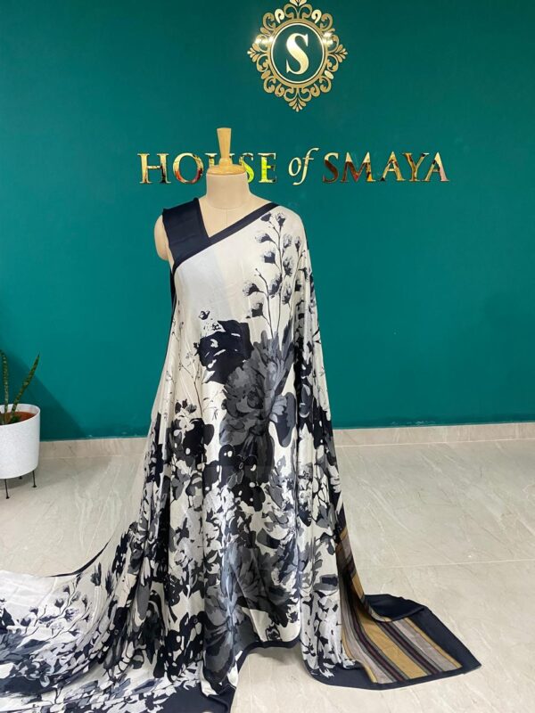 White & Black Floral Print Saree with Striped Pallu - Image 1
