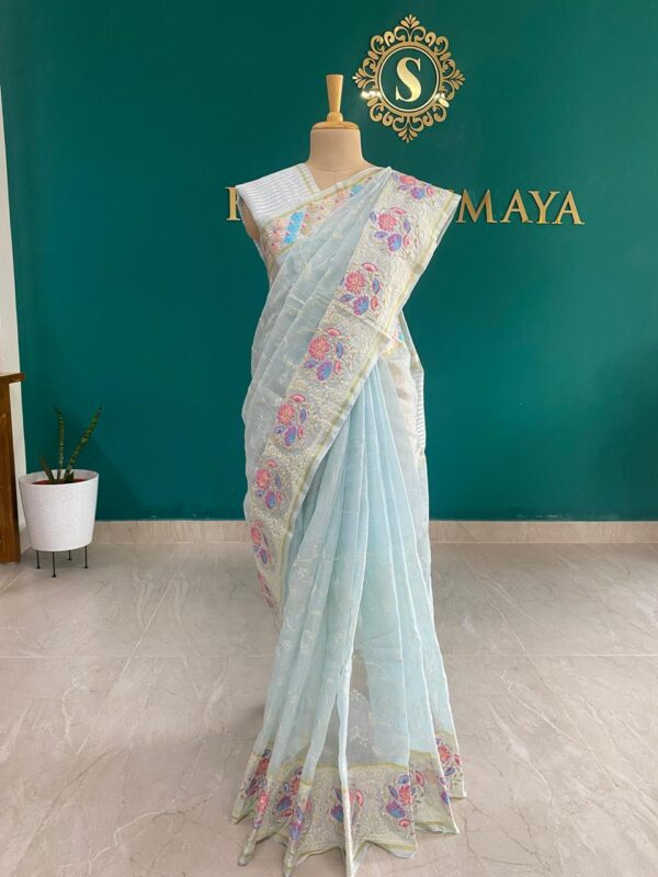 Pastel Blue Organza Saree with Multicolor Floral Embroidery - Image 3