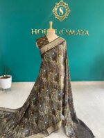 Dark Olive Green Digital Print Saree with Floral & Peacock Motifs - Image 3