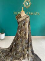 Dark Olive Green Digital Print Saree with Floral & Peacock Motifs