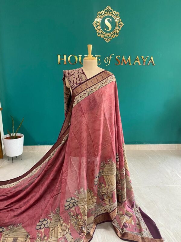 Rani Pink Handpainted Kalamkari Saree - Image 1