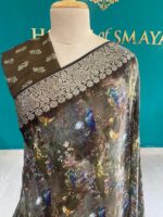 Dark Olive Green Digital Print Saree with Floral & Peacock Motifs - Image 2