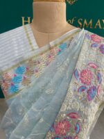 Pastel Blue Organza Saree with Multicolor Floral Embroidery - Image 2