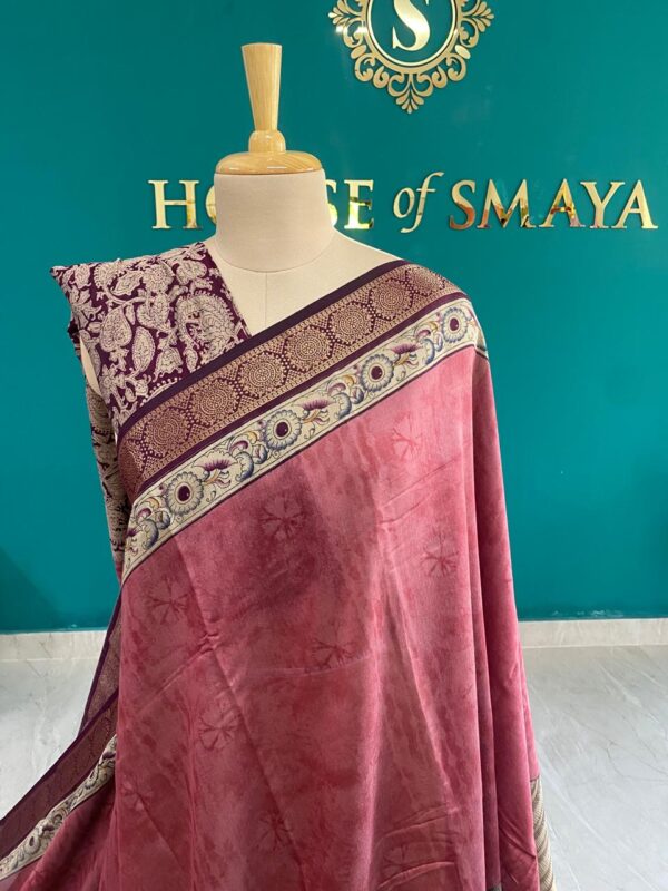 Rani Pink Handpainted Kalamkari Saree - Image 2