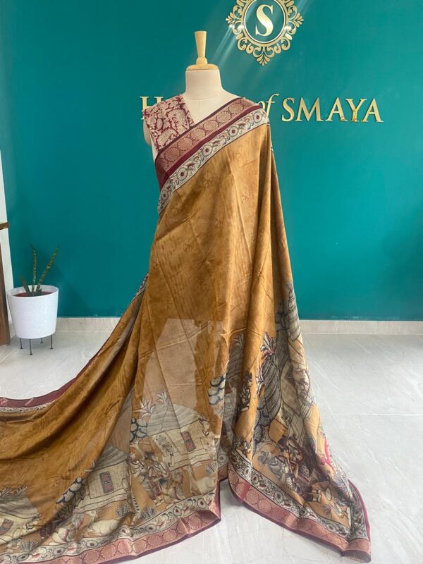 Mustard Brown Handpainted Kalamkari Saree - Image 1