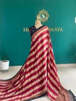 Maroon & Beige Tie-Dye Saree with Navy Blue Contrast Blouse