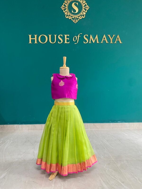 Bright Pink and Lime Green Silk Lehenga Set for Girls - Image 2