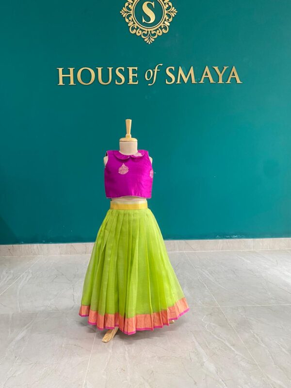 Bright Pink and Lime Green Silk Lehenga Set for Girls - Image 1