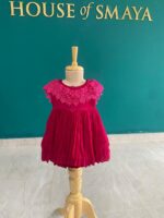Bright Pink Pleated Frock with Lace Neckline for Girls - Image 2
