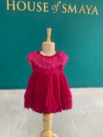 Bright Pink Pleated Frock with Lace Neckline for Girls