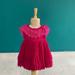 Bright Pink Pleated Frock with Lace Neckline for Girls