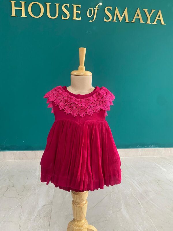 Bright Pink Pleated Frock with Lace Neckline for Girls - Image 1
