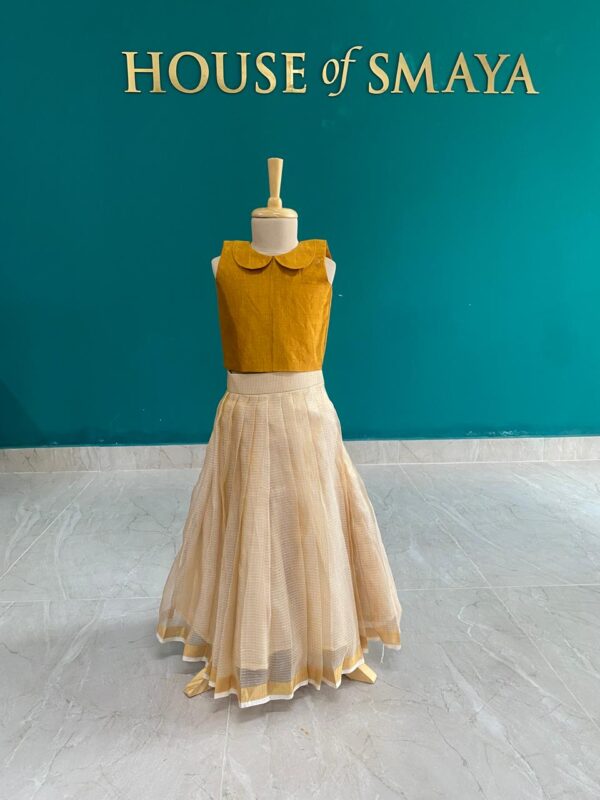 Mustard Yellow Blouse with Cream Silk Lehenga Set for Girls - Image 2