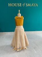 Mustard Yellow Blouse with Cream Silk Lehenga Set for Girls