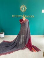 Grey & Maroon Handloom Saree with Geometric Design | House of Smaya