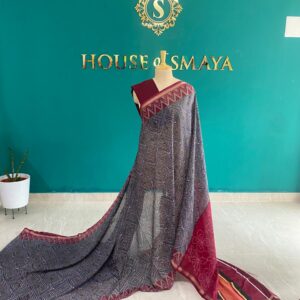 Grey & Maroon Handloom Saree with Geometric Design | House of Smaya