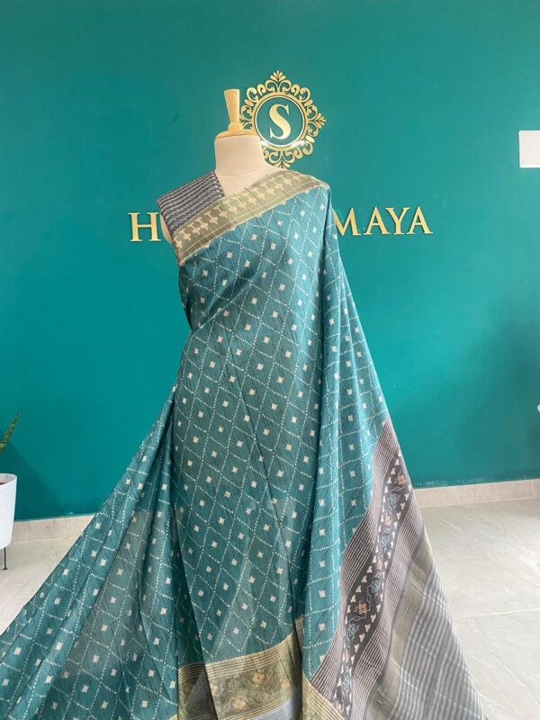 Teal Green with White Ikat Saree - Image 3