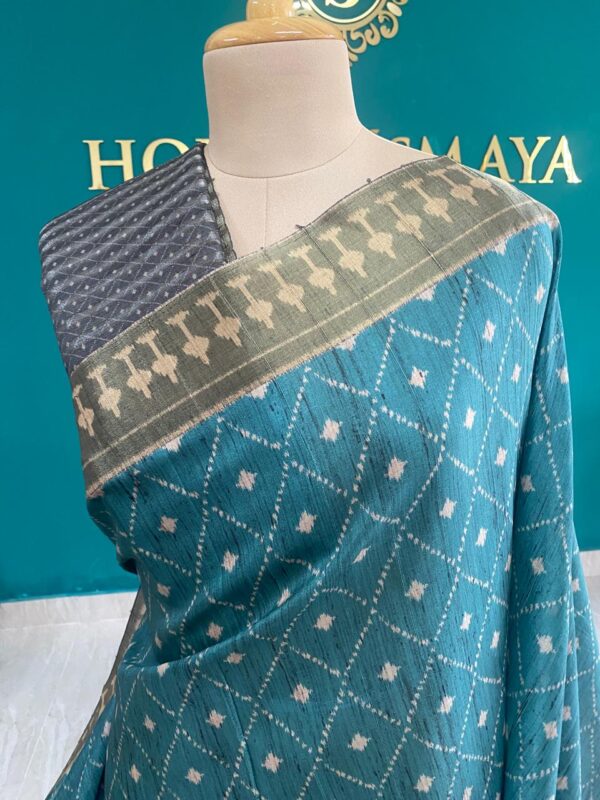 Teal Green with White Ikat Saree - Image 2