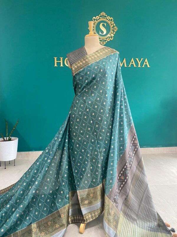 Teal Green with White Ikat Saree - Image 1