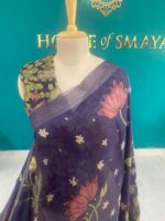 Navy Blue Hand-Painted Saree with Lotus and Swan Motifs - Image 2