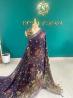 Navy Blue Hand-Painted Saree with Lotus and Swan Motifs - Image 3