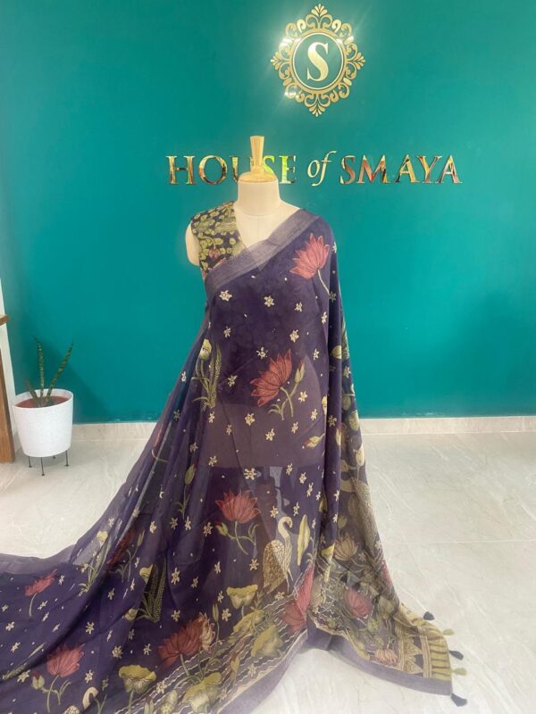Navy Blue Hand-Painted Saree with Lotus and Swan Motifs - Image 3