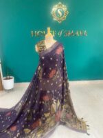 Navy Blue Hand-Painted Saree with Lotus and Swan Motifs
