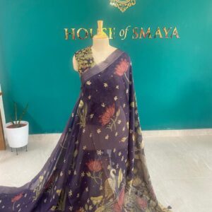 Navy Blue Hand-Painted Saree with Lotus and Swan Motifs