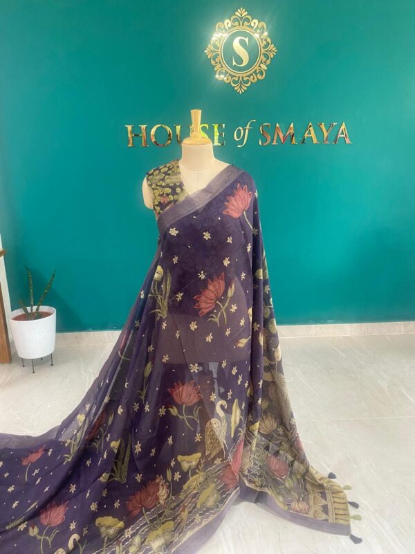 Navy Blue Hand-Painted Saree with Lotus and Swan Motifs - Image 1
