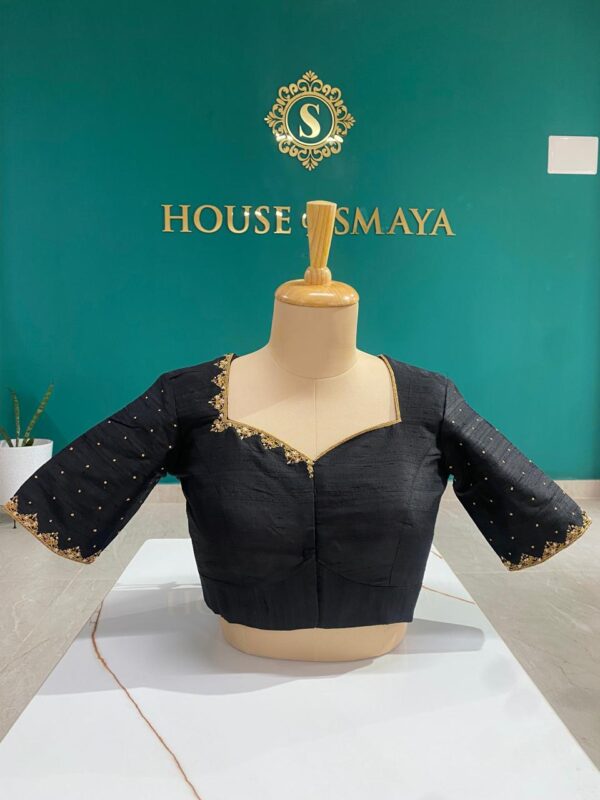 Black Designer Raw Silk Blouse with Golden Embroidery & Back Tie – House of Smaya - Image 1