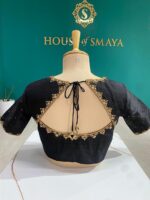 Black Designer Raw Silk Blouse with Golden Embroidery & Back Tie – House of Smaya - Image 2