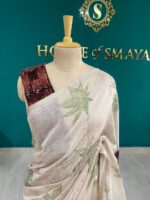 Beige Cotton Linen Saree with Leaf Print and Contrast Pallu – House of Smaya - Image 2