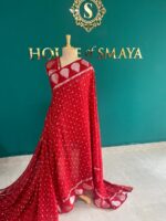 Bandhani Red Saree with White Tie-Dye & Leaf Border - Image 3