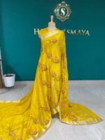 Sunshine Yellow Floral Silk Saree with Golden Zari Border - Image 2