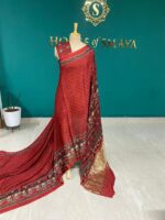Rust Red Ajrakh Print Silk Saree with Zari Pallu