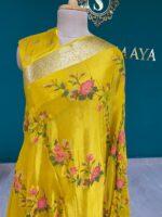 Sunshine Yellow Floral Silk Saree with Golden Zari Border - Image 3
