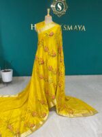 Sunshine Yellow Floral Silk Saree with Golden Zari Border