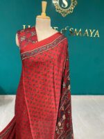 Rust Red Ajrakh Print Silk Saree with Zari Pallu - Image 3