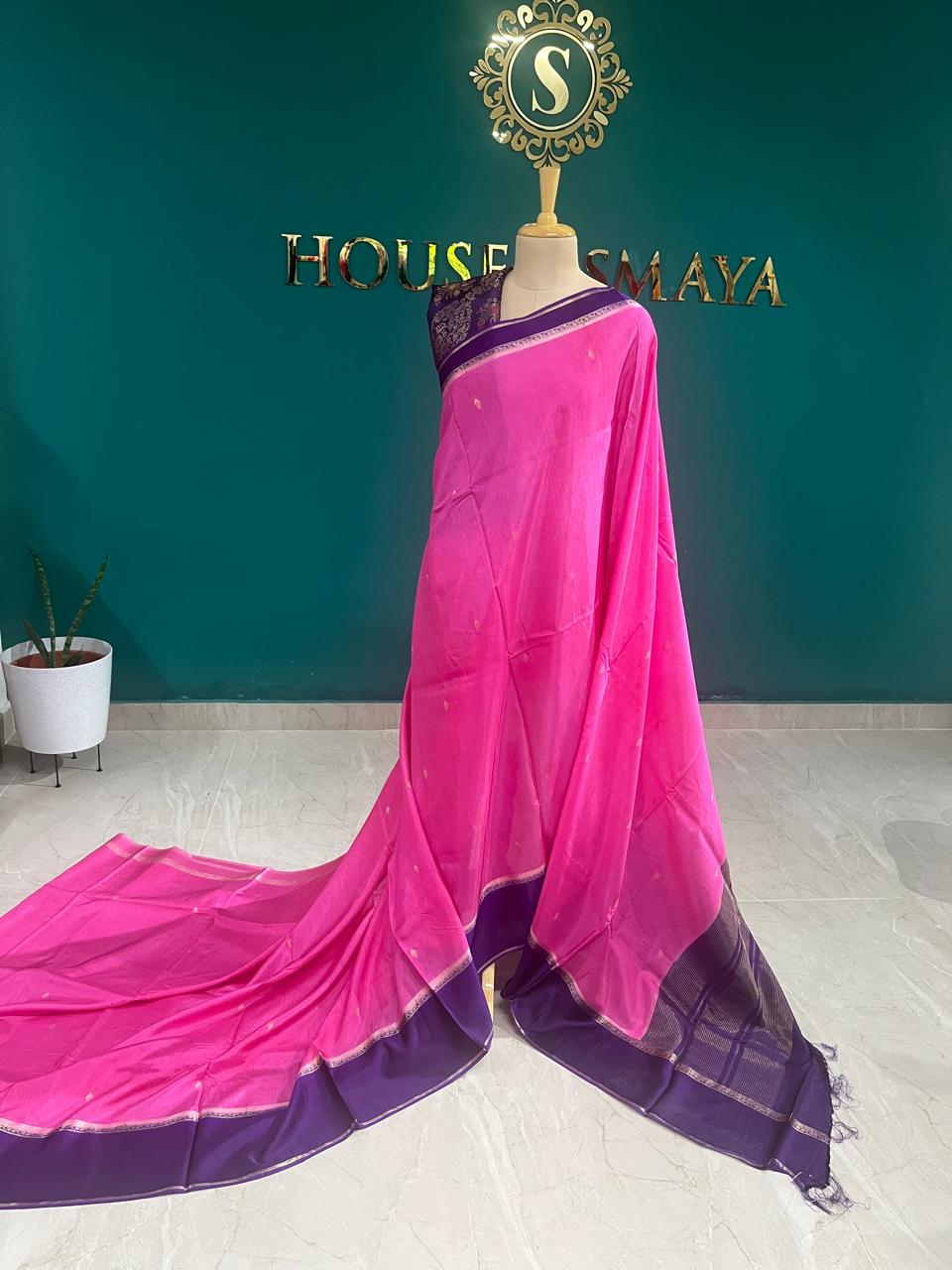 IMG-20250904-WA0007 Magenta Pink Silk Saree with Blue Zari Border - Image 1