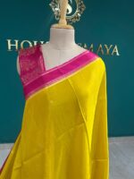 Yellow Silk Saree with Pink Contrast Border - Image 2