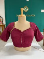 Wine Scallop Neck Pure Raw Silk Blouse