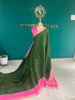 Emerald Green Silk Saree with Pink Contrast Border & Golden Zari Butta - Image 2