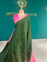 Emerald Green Silk Saree with Pink Contrast Border & Golden Zari Butta