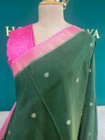 Emerald Green Silk Saree with Pink Contrast Border & Golden Zari Butta - Image 3