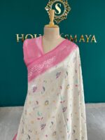 Ivory Banarasi Saree with Pink Border - Image 3