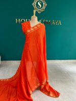 Orange Saree with Golden Elephant Motifs - Image 3