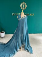 Serene Teal Saree with Golden Elephant Motifs - Image 3